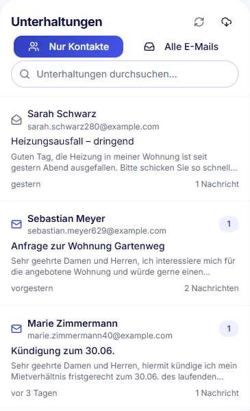 Unterhaltungen in Immo Manager mit dem Filter „Nur Kontakte“, darunter eine Anfrage zur Wohnung Gartenweg