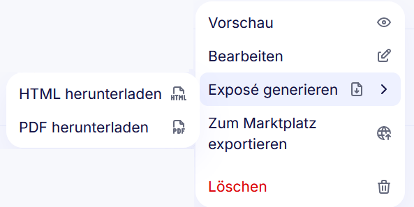 Objektmenü in Immo Manager mit „Exposé generieren“ und „Zum Marktplatz exportieren“