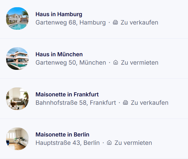 Objektliste in Immo Manager mit Häusern und Wohnungen, jeweils als Kauf- oder Mietobjekt gekennzeichnet
