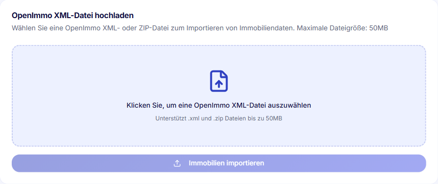 OpenImmo-Import in Immo Manager: XML- oder ZIP-Datei bis 50 MB hochladen