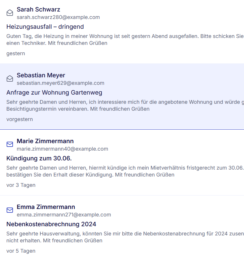 E-Mail-Postfach in Immo Manager mit Nachrichten von Mietern: Heizungsausfall, Kündigung, Frage zur Nebenkostenabrechnung